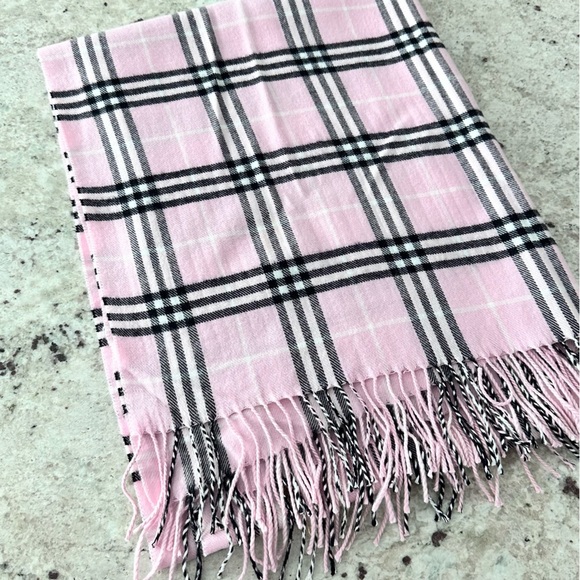 Rong Jia MONGOLIAN CASHMERE Plaid Scarf Pink Black Tartan Shawl Wrap Fringe - Picture 6 of 6